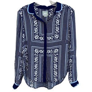 Maeve Anthropology Navy Blue Floral Thin Long Sleeve Casual Dressy Hi Low Blouse